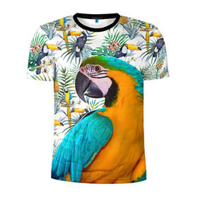 Мужская футболка 3D спортивная с принтом Попугаи в Новосибирске, 100% полиэстер с улучшенными характеристиками | приталенный силуэт, круглая горловина, широкие плечи, сужается к линии бедра | myparrots | parrot | ара | листья | орнамент | попугаи | птицы | рай | синежелтый | тукан | узор | цветы
