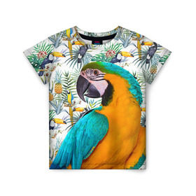 Детская футболка 3D с принтом Попугаи в Новосибирске, 100% гипоаллергенный полиэфир | прямой крой, круглый вырез горловины, длина до линии бедер, чуть спущенное плечо, ткань немного тянется | Тематика изображения на принте: myparrots | parrot | ара | листья | орнамент | попугаи | птицы | рай | синежелтый | тукан | узор | цветы
