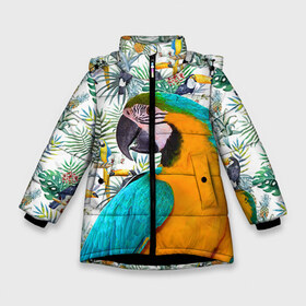 Зимняя куртка для девочек 3D с принтом Попугаи в Новосибирске, ткань верха — 100% полиэстер; подклад — 100% полиэстер, утеплитель — 100% полиэстер. | длина ниже бедра, удлиненная спинка, воротник стойка и отстегивающийся капюшон. Есть боковые карманы с листочкой на кнопках, утяжки по низу изделия и внутренний карман на молнии. 

Предусмотрены светоотражающий принт на спинке, радужный светоотражающий элемент на пуллере молнии и на резинке для утяжки. | Тематика изображения на принте: myparrots | parrot | ара | листья | орнамент | попугаи | птицы | рай | синежелтый | тукан | узор | цветы