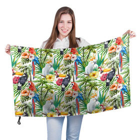 Флаг 3D с принтом Попугаи в Новосибирске, 100% полиэстер | плотность ткани — 95 г/м2, размер — 67 х 109 см. Принт наносится с одной стороны | myparrots | parrot | ара | листья | орнамент | попугаи | птицы | рай | тукан | узор | цветы