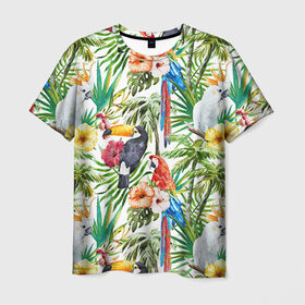 Мужская футболка 3D с принтом Попугаи в Новосибирске, 100% полиэфир | прямой крой, круглый вырез горловины, длина до линии бедер | Тематика изображения на принте: myparrots | parrot | ара | листья | орнамент | попугаи | птицы | рай | тукан | узор | цветы