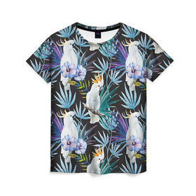 Женская футболка 3D с принтом Попугаи в Новосибирске, 100% полиэфир ( синтетическое хлопкоподобное полотно) | прямой крой, круглый вырез горловины, длина до линии бедер | myparrots | parrotузор | листья | орнамент | попугаи | птицы | рай | цветы