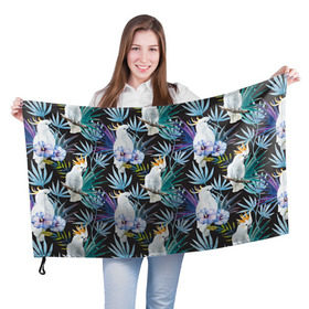 Флаг 3D с принтом Попугаи в Новосибирске, 100% полиэстер | плотность ткани — 95 г/м2, размер — 67 х 109 см. Принт наносится с одной стороны | myparrots | parrotузор | листья | орнамент | попугаи | птицы | рай | цветы