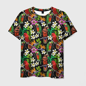 Мужская футболка 3D с принтом Попугаи в Новосибирске, 100% полиэфир | прямой крой, круглый вырез горловины, длина до линии бедер | myparrots | parrotузор | листья | орнамент | попугаи | птицы | рай | цветы