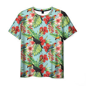 Мужская футболка 3D с принтом Попугаи в Новосибирске, 100% полиэфир | прямой крой, круглый вырез горловины, длина до линии бедер | myparrots | parrotузор | листья | орнамент | попугаи | птицы | рай | розелла | тукан | цветы
