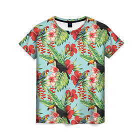 Женская футболка 3D с принтом Попугаи в Новосибирске, 100% полиэфир ( синтетическое хлопкоподобное полотно) | прямой крой, круглый вырез горловины, длина до линии бедер | myparrots | parrotузор | листья | орнамент | попугаи | птицы | рай | розелла | тукан | цветы