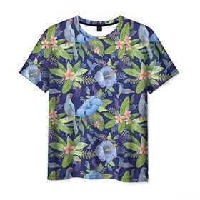 Мужская футболка 3D с принтом Попугаи в Новосибирске, 100% полиэфир | прямой крой, круглый вырез горловины, длина до линии бедер | myparrots | parrot | кольчатый | листья | ожереловый | орнамент | попугаи | птицы | рай | узор | цветы