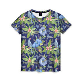 Женская футболка 3D с принтом Попугаи в Новосибирске, 100% полиэфир ( синтетическое хлопкоподобное полотно) | прямой крой, круглый вырез горловины, длина до линии бедер | myparrots | parrot | кольчатый | листья | ожереловый | орнамент | попугаи | птицы | рай | узор | цветы