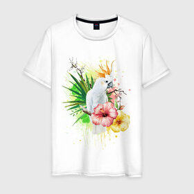 Мужская футболка хлопок с принтом Какаду в Новосибирске, 100% хлопок | прямой крой, круглый вырез горловины, длина до линии бедер, слегка спущенное плечо. | myparrots | parrot | листья | орнамент | попугаи | птицы | рай | узор | цветы