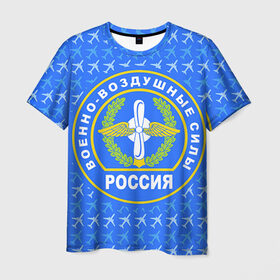 Мужская футболка 3D с принтом ВВС РОССИИ в Новосибирске, 100% полиэфир | прямой крой, круглый вырез горловины, длина до линии бедер | Тематика изображения на принте: авиация | герб | летчику | небо