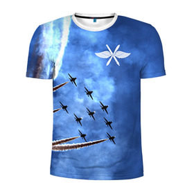 Мужская футболка 3D спортивная с принтом Самолеты в небе в Новосибирске, 100% полиэстер с улучшенными характеристиками | приталенный силуэт, круглая горловина, широкие плечи, сужается к линии бедра | Тематика изображения на принте: авиатор | авиация | ввс | герб | летчику | небо | самолет | флаг