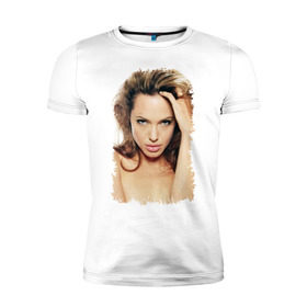 Мужская футболка премиум с принтом Анджелина Джоли в Новосибирске, 92% хлопок, 8% лайкра | приталенный силуэт, круглый вырез ворота, длина до линии бедра, короткий рукав | Тематика изображения на принте: angelina jolie | анджелина джоли | кинозвезда