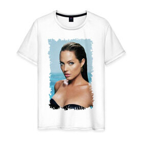 Мужская футболка хлопок с принтом Angelina Jolie в Новосибирске, 100% хлопок | прямой крой, круглый вырез горловины, длина до линии бедер, слегка спущенное плечо. | Тематика изображения на принте: angelina jolie | анджелина джоли | кинозвезда