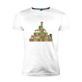 Мужская футболка премиум с принтом Вершина холма в Minecraft в Новосибирске, 92% хлопок, 8% лайкра | приталенный силуэт, круглый вырез ворота, длина до линии бедра, короткий рукав | minecraft | майнкрафт | холм на котором сидят различные мобы из игры minecraftкубы