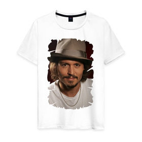 Мужская футболка хлопок с принтом Джонни Депп (Johnny Depp) в Новосибирске, 100% хлопок | прямой крой, круглый вырез горловины, длина до линии бедер, слегка спущенное плечо. | johnny depp | голливуд | джонни депп | кинозвезда