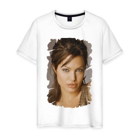 Мужская футболка хлопок с принтом Анджелина Джоли в Новосибирске, 100% хлопок | прямой крой, круглый вырез горловины, длина до линии бедер, слегка спущенное плечо. | Тематика изображения на принте: angelina jolie | анджелина джоли | кинозвезда