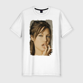Мужская футболка премиум с принтом Анджелина Джоли в Новосибирске, 92% хлопок, 8% лайкра | приталенный силуэт, круглый вырез ворота, длина до линии бедра, короткий рукав | angelina jolie | анджелина джоли | кинозвезда