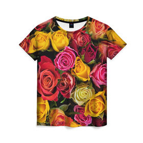 Женская футболка 3D с принтом Цветы в Новосибирске, 100% полиэфир ( синтетическое хлопкоподобное полотно) | прямой крой, круглый вырез горловины, длина до линии бедер | flower | девушкам | розы | цветочки | цветы