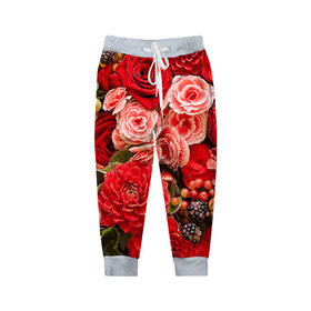 Детские брюки 3D с принтом Цветы в Новосибирске, 100% полиэстер | манжеты по низу, эластичный пояс регулируется шнурком, по бокам два кармана без застежек, внутренняя часть кармана из мелкой сетки | flower | девушкам | розы | цветочки | цветы