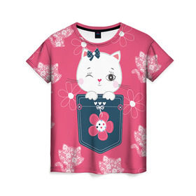 Женская футболка 3D с принтом Котик в Новосибирске, 100% полиэфир ( синтетическое хлопкоподобное полотно) | прямой крой, круглый вырез горловины, длина до линии бедер | Тематика изображения на принте: девушкам | карман | киса | котик | кошка | цветы