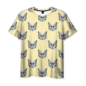 Мужская футболка 3D с принтом Котик в Новосибирске, 100% полиэфир | прямой крой, круглый вырез горловины, длина до линии бедер | киса | котик | кошка | очки