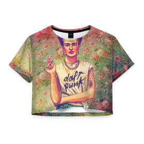 Женская футболка 3D укороченная с принтом Фрида в Новосибирске, 100% полиэстер | круглая горловина, длина футболки до линии талии, рукава с отворотами | девушка | искусство | кало | фрида | цветы