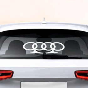 Наклейка на авто - для заднего стекла с принтом Audi в Новосибирске, ПВХ | Точные размеры наклейки зависят от выбранного изображения (ширина не больше 75 мм, высота не больше 45 мм) | автобренд | ауди | лого | машина