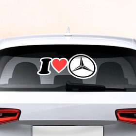 Наклейка на авто - для заднего стекла с принтом I love Mercedes в Новосибирске, ПВХ | Точные размеры наклейки зависят от выбранного изображения (ширина не больше 75 мм, высота не больше 45 мм) | автобренд | лого | машина | мерседес | я люблю