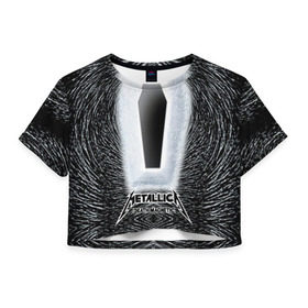 Женская футболка 3D укороченная с принтом METALLICA в Новосибирске, 100% полиэстер | круглая горловина, длина футболки до линии талии, рукава с отворотами | металлика