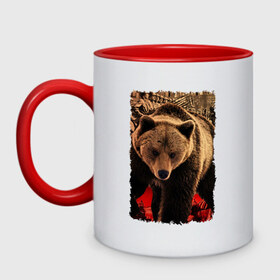 Кружка двухцветная с принтом Могучий русский медведь в Новосибирске, керамика | объем — 330 мл, диаметр — 80 мм. Цветная ручка и кайма сверху, в некоторых цветах — вся внутренняя часть | медведь | отвага | родина | россия | сила | я русский