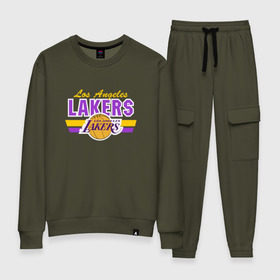 Женский костюм хлопок с принтом Los Angeles Lakers в Новосибирске, 100% хлопок | на свитшоте круглая горловина, мягкая резинка по низу. Брюки заужены к низу, на них два вида карманов: два 