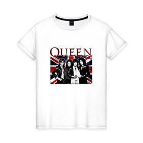 Женская футболка хлопок с принтом Queen band в Новосибирске, 100% хлопок | прямой крой, круглый вырез горловины, длина до линии бедер, слегка спущенное плечо | england | freddie | mercury | queen   легендарная рок группаqueen | фредди меркьури