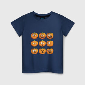 Детская футболка хлопок с принтом Набор тыкв (Хеллоуин) в Новосибирске, 100% хлопок | круглый вырез горловины, полуприлегающий силуэт, длина до линии бедер | Тематика изображения на принте: halloween | мистика | смайл | тыква | ужас | хеллоуин