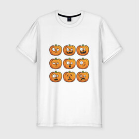 Мужская футболка премиум с принтом Набор тыкв (Хеллоуин) в Новосибирске, 92% хлопок, 8% лайкра | приталенный силуэт, круглый вырез ворота, длина до линии бедра, короткий рукав | halloween | мистика | смайл | тыква | ужас | хеллоуин