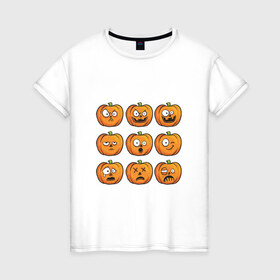 Женская футболка хлопок с принтом Набор тыкв (Хеллоуин) в Новосибирске, 100% хлопок | прямой крой, круглый вырез горловины, длина до линии бедер, слегка спущенное плечо | halloween | мистика | смайл | тыква | ужас | хеллоуин