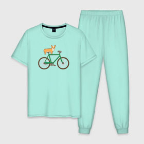 Мужская пижама хлопок с принтом Корги на велосипеде в Новосибирске, 100% хлопок | брюки и футболка прямого кроя, без карманов, на брюках мягкая резинка на поясе и по низу штанин
 | велосипед | корги | собака