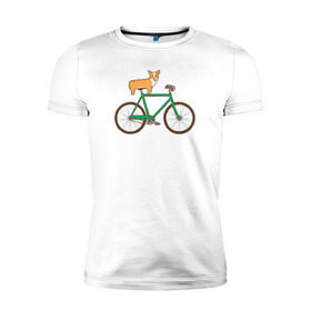 Мужская футболка премиум с принтом Корги на велосипеде в Новосибирске, 92% хлопок, 8% лайкра | приталенный силуэт, круглый вырез ворота, длина до линии бедра, короткий рукав | велосипед | корги | собака