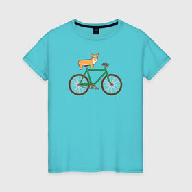 Женская футболка хлопок с принтом Корги на велосипеде в Новосибирске, 100% хлопок | прямой крой, круглый вырез горловины, длина до линии бедер, слегка спущенное плечо | велосипед | корги | собака