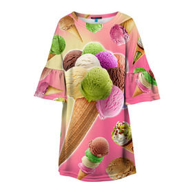 Детское платье 3D с принтом Мороженое в Новосибирске, 100% полиэстер | прямой силуэт, чуть расширенный к низу. Круглая горловина, на рукавах — воланы | Тематика изображения на принте: cream | ice | icecream | вкусная | еда | мороженое | рожок
