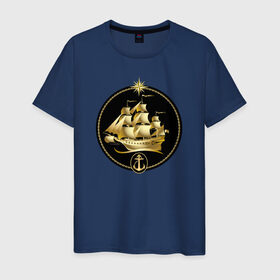 Мужская футболка хлопок с принтом Золотой парусник в Новосибирске, 100% хлопок | прямой крой, круглый вырез горловины, длина до линии бедер, слегка спущенное плечо. | Тематика изображения на принте: золото | золотой парусникморяк | корабль | море | парусник | якорь