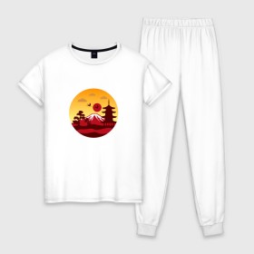 Женская пижама хлопок с принтом Японский пейзаж в Новосибирске, 100% хлопок | брюки и футболка прямого кроя, без карманов, на брюках мягкая резинка на поясе и по низу штанин | горы | япония | японский пейзажпейзаж