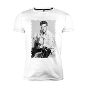 Мужская футболка премиум с принтом Элвис Пресли с гитарой в Новосибирске, 92% хлопок, 8% лайкра | приталенный силуэт, круглый вырез ворота, длина до линии бедра, короткий рукав | elvis presley | певец | рок н ролл | элвис пресли