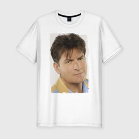 Мужская футболка премиум с принтом Чарли Шин (Charlie Sheen) в Новосибирске, 92% хлопок, 8% лайкра | приталенный силуэт, круглый вырез ворота, длина до линии бедра, короткий рукав | charlie sheen | кинозвезда | ситком | чарли шин