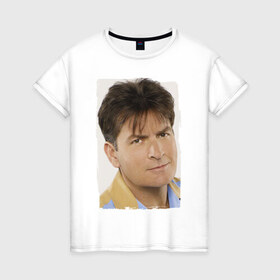 Женская футболка хлопок с принтом Чарли Шин (Charlie Sheen) в Новосибирске, 100% хлопок | прямой крой, круглый вырез горловины, длина до линии бедер, слегка спущенное плечо | charlie sheen | кинозвезда | ситком | чарли шин