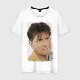 Мужская футболка хлопок с принтом Чарли Шин (Charlie Sheen) в Новосибирске, 100% хлопок | прямой крой, круглый вырез горловины, длина до линии бедер, слегка спущенное плечо. | charlie sheen | кинозвезда | ситком | чарли шин