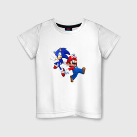 Детская футболка хлопок с принтом Sonic and Mario в Новосибирске, 100% хлопок | круглый вырез горловины, полуприлегающий силуэт, длина до линии бедер | nintendo | марио | нинтендо