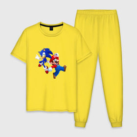 Мужская пижама хлопок с принтом Sonic and Mario в Новосибирске, 100% хлопок | брюки и футболка прямого кроя, без карманов, на брюках мягкая резинка на поясе и по низу штанин
 | nintendo | марио | нинтендо