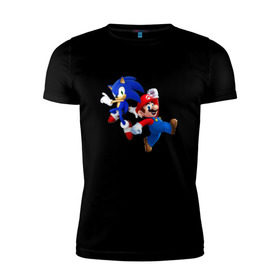Мужская футболка премиум с принтом Sonic and Mario в Новосибирске, 92% хлопок, 8% лайкра | приталенный силуэт, круглый вырез ворота, длина до линии бедра, короткий рукав | nintendo | марио | нинтендо