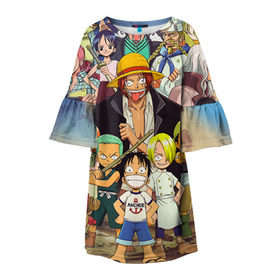 Детское платье 3D с принтом One Piece в Новосибирске, 100% полиэстер | прямой силуэт, чуть расширенный к низу. Круглая горловина, на рукавах — воланы | anime | one piece | аниме | ван пис