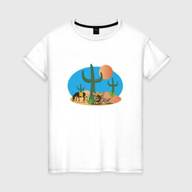 Женская футболка хлопок с принтом Мексиканский пейзаж в Новосибирске, 100% хлопок | прямой крой, круглый вырез горловины, длина до линии бедер, слегка спущенное плечо | кактус | мексика | мексиканский пейзажпейзаж